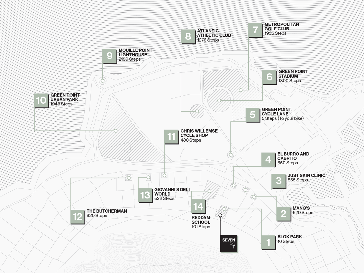 Blok neighbourhood map locating Seven on T among Green Point parkland, the stadium, cycle lane, local shops and restaurants. Open the map for readable labels.